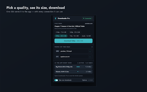 Downloader Pro Integration :: Send links and files from your browser to the Downloader Pro desktop download manager for faster, resumable downloads.