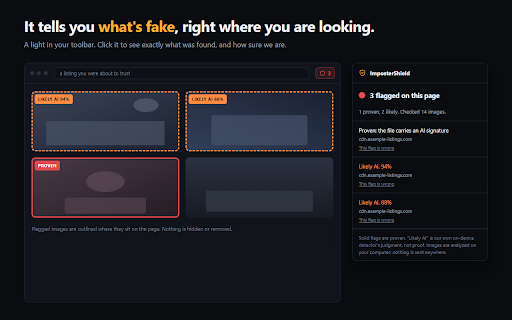 Imposter Shield - AI Image Detector :: Flags AI images and videos as you browse. Reads YouTube, TikTok and Facebook AI labels and spots Sora watermarks. Nothing uploaded.