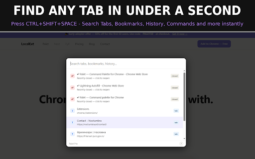 Palet — Command Palette for Chrome :: Command palette for Chrome. Find any tab, bookmark or history item instantly.