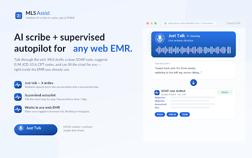 MLS Assist :: Clinician companion for MLS Scribe and athenaOne. Reads only when requested, drafts notes, and requires review.