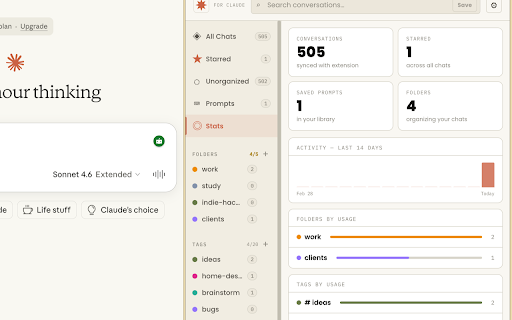Chat Manager for Claude :: Folders, tags, prompt library, stats, search, and export for claude.ai. An unofficial power-user upgrade.