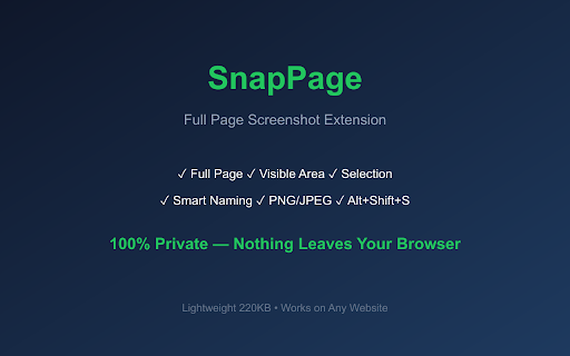 SnapPage - Full Page Screenshot & Capture :: Capture full-page, visible-area, or selected-region screenshots locally. Save PNG/JPG with smart names. No account or analytics.