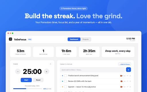 ToDoFocus: Timer, Task List, Heatmap 🥳 :: Pomodoro timer with a task checklist & focus heatmap.