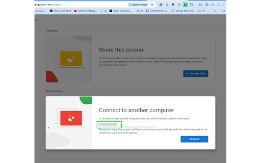 Remote Desktop Link :: Generate a Chrome Remote Desktop support code and copy a shareable connection URL.