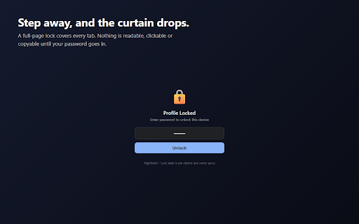 Nightlatch — Profile Lock for Google Chrome™ :: Password-lock your Chrome profile on shared computers. The lock state never syncs — unlocking at home never unlocks the lab machine.