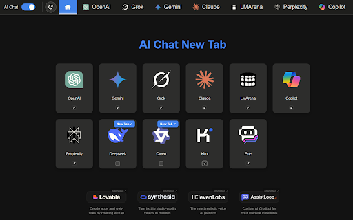 AI Chat New Tab :: The Best AI chat platforms all in one place: GPT, Claude, Gemini, Grok, Copilot and more!