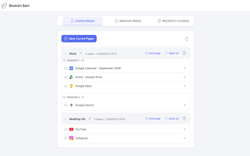 Session Savr :: Save the currently open pages.