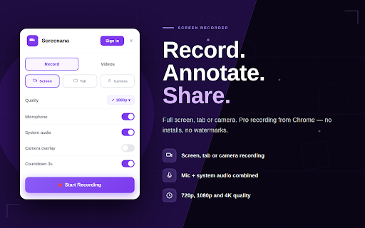 Screenana — Record, Share & Annotate :: Record your screen or tab, annotate in real-time, and share instantly. Free recorder with camera overlay, drawing tools & cloud.