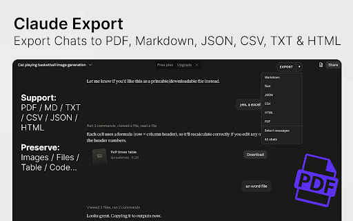 Claude Export – Export Chats to PDF, Markdown & JSON :: Export Claude conversations to Markdown, JSON, CSV, TXT and HTML. Select messages or bulk backup your chats.