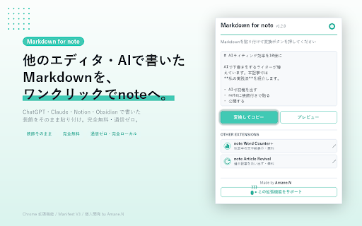 Markdown for note :: MarkdownをnoteのリッチテキストにワンクリックでコピーできるChrome拡張機能。AIで書いた記事をnoteに貼るのが快適に。