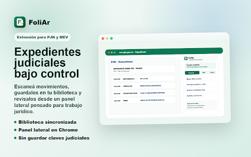 FoliAr :: Biblioteca inteligente de expedientes PJN/MEV/EJE con movimientos, agenda, notas y licencia mensual.
