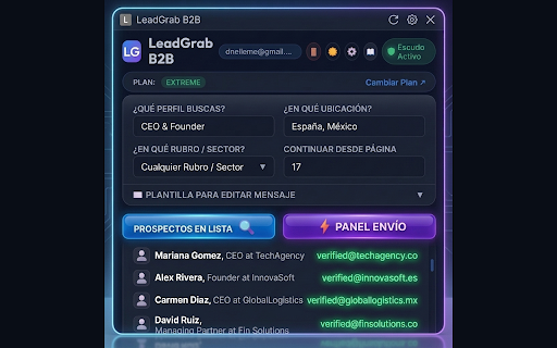 LeadGrab B2B :: Extrae prospectos de LinkedIn de forma segura, estima sus correos y redacta mensajes de prospección al instante.