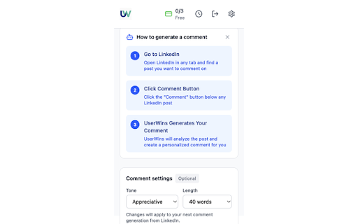 UserWins AI - LinkedIn Assistant :: LinkedIn comment generator that creates personalized, engaging comments for professional networking.