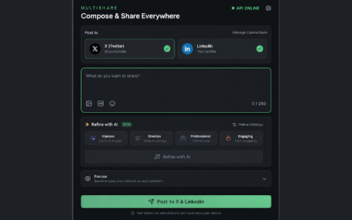 MultiShare — X & LinkedIn :: Compose once, post to Twitter/X and LinkedIn from your toolbar.