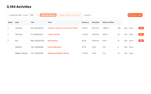 Strava Bulk GPX Export :: Bulk export from Strava's My Activities - GPX, TCX, original files, or one merged GPX. Runs locally in your browser.