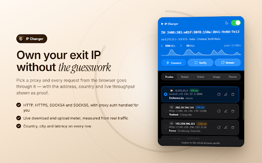 IP Changer — Proxy Switcher & IP Rotator :: Switch, test and auto-rotate HTTP/SOCKS5 proxies. Per-proxy speed, country and leak checks. A developer tool, not a VPN.