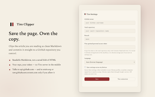 Tiro Clipper :: Clip the current page as Markdown into your Tiro vault on GitHub.