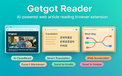 Getgot Reader | AI Reader Mode · Mindmap · Translate · CleanRead :: AI-powered reading mode extension with translation, mind maps, and export Markdown/images, send to Notion & Kindle.