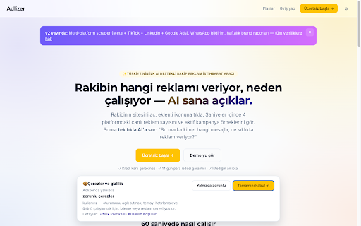 Adlizer — Rakip Reklam İstihbaratı :: Rakip sitesindeyken ikona tıkla: markanın yayında kaç reklamı olduğunu gör, takibe al, sayı değişince haber al.