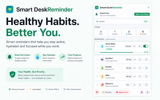 Smart Desk Reminder — Health & Productivity Reminder :: Smart reminders for water, eye rest, stretch, walk & medicine. Live timers, working hours, custom reminders. Free.