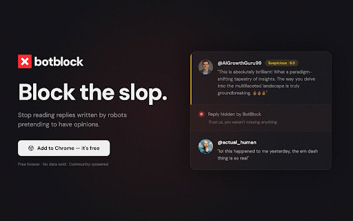 BotBlock :: Detects AI bots on X and hides low-quality spam replies from your timeline.