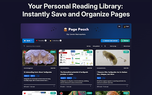 Page Pouch :: Grab and save web content with Page Pouch. Organize and export your articles in various formats to local files or cloud storage.