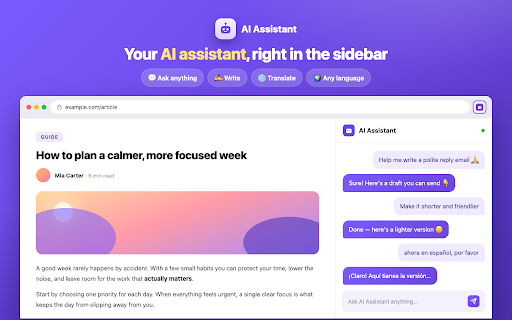 AI Assistant :: Meet AI Assistant, an AI chatbot in your sidebar — ask anything, write, summarize and translate text in any language.