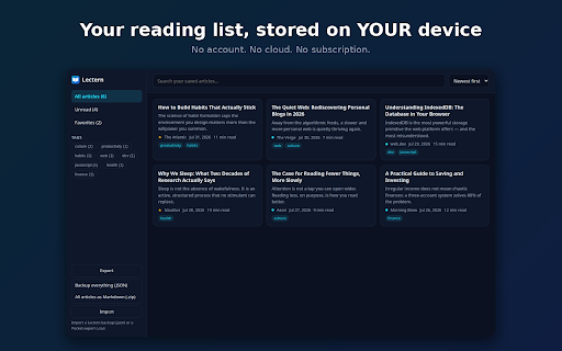 Lectern — Read It Later, Offline & Private :: Save articles for later with one click. Clean reader view, tags, search and Markdown export. 100% local: no account, no cloud.