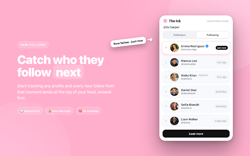 The Ick - See Who Someone Recently Followed on Instagram :: Want to see who someone recently followed on Instagram? Track their profile and every new follow shows up, newest first.
