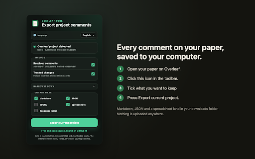 Overleaf Comments Export :: Export Overleaf reviewer comments and tracked changes to Markdown, JSON or a spreadsheet. One click, saved on your computer.