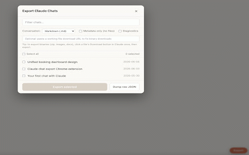 Claude Chat Exporter :: Export single or multiple claude.ai chats to a ZIP with structured JSON, uploaded files, and generated artifacts.