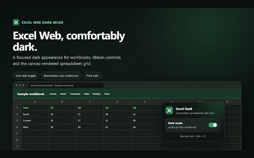 Excel Web Dark Mode :: A focused dark mode for Microsoft Excel on the web.
