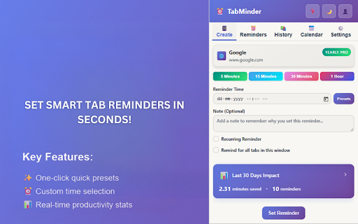 Tab Reminders – Smart Tab Reminder by TabMinder :: Tab reminders for Chrome. Set tab reminders to revisit websites later with smart notifications by TabMinder.