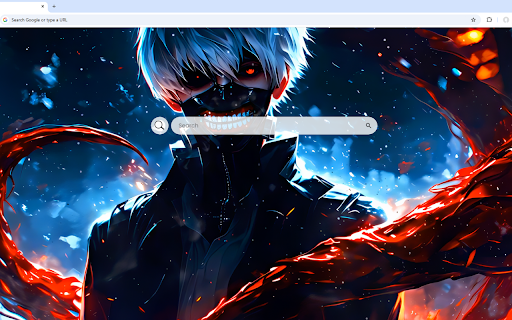 Ken Kaneki Live Wallpaper :: Ken Kaneki stands with glowing red eyes, a crimson arm, and snow falling on a blue backdrop.