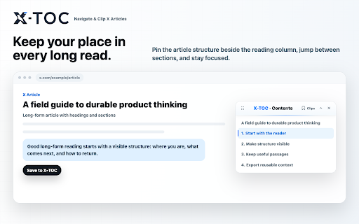 X-TOC: Navigate & Clip X Articles :: Navigate long X articles with a floating table of contents, then save, organize, and export useful passages locally.