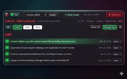 ChatGPT Bulk Delete :: Bulk delete ChatGPT chats faster with local search, year filters, and loaded Project chat selection.