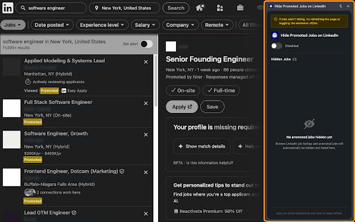 Hide Promoted Jobs on LinkedIn :: Automatically hides promoted jobs and sponsored content on LinkedIn job search pages