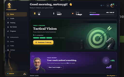 ForkSight — Chess Training & Coaching :: Unofficial Chess.com training companion with puzzles, post-game coach review, and stats. Not affiliated with Chess.com.