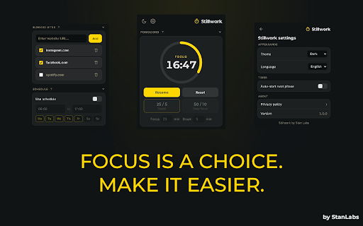 Stillwork :: A simple site blocker for focus, with a built-in pomodoro timer.
