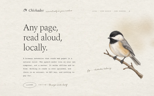 Chickadee :: Reads any web page aloud in a natural voice, highlighting each sentence as it goes. Runs fully on your device.