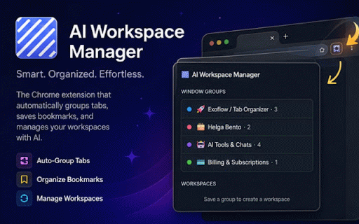 AI Workspace Manager :: AI tab manager and bookmark organizer. Organize Chrome tabs into tab groups, save workspaces, and clean duplicate tabs.