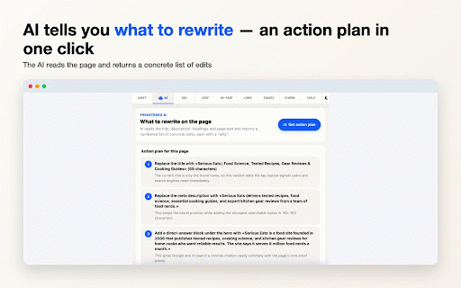 AI SEO & GEO Site Audit :: AI audit of SEO and GEO right on the page: action plan (what to rewrite), meta tags, headings and AI-bot access check.