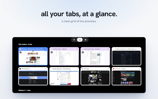 Tab Switcher (iOS Style) :: iOS-style tab manager: see every tab as a grid of live previews, then search, group, pin, and clear duplicates.