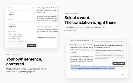 MindDory: Vocabulary Builder & Grammar Checker :: Select a word on any page to see the translation and save it as a card. Select a sentence you wrote and it checks your grammar.