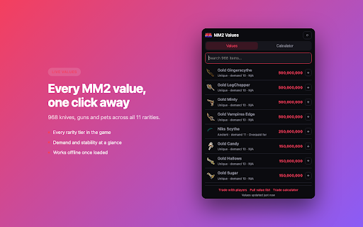 MM2 Values & Trade Calculator :: MM2 values and trade calculator. Look up any knife or gun and check a trade is a win before you accept.