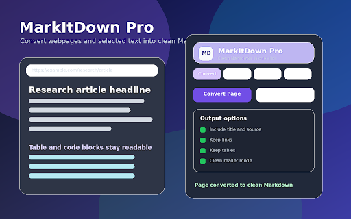 MarkItDown Pro - Web to Markdown :: Convert webpages and selected text into clean Markdown for notes, research, coding, and documentation.