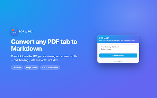 PDF to MD :: Convert any PDF tab to Markdown — 100% local, no uploads, no servers. Your files never leave your browser.