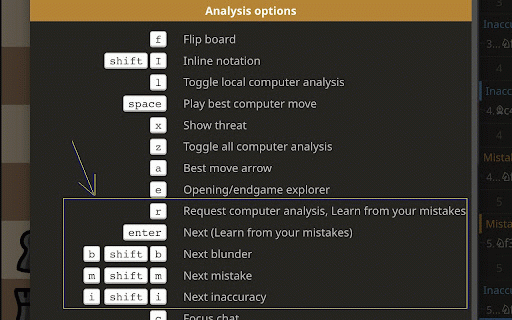 Lichess analysis key bindings :: Creates additionnal keyboard shortcuts to simulate inaccurracies/mistakes/blunders/request-analysis/learn-from-mistakes/next clicks.