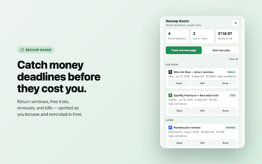 Recoup Radar :: Catch return windows, trial ends, and renewal deadlines before they cost you money.