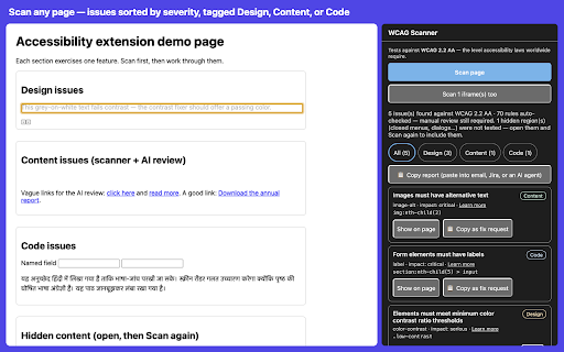 WCAG Scanner — Accessibility Checker & Fixes :: Scan any page for WCAG accessibility issues — contrast, alt text, ARIA — sorted by Design, Content & Code, with on-device AI fixes.